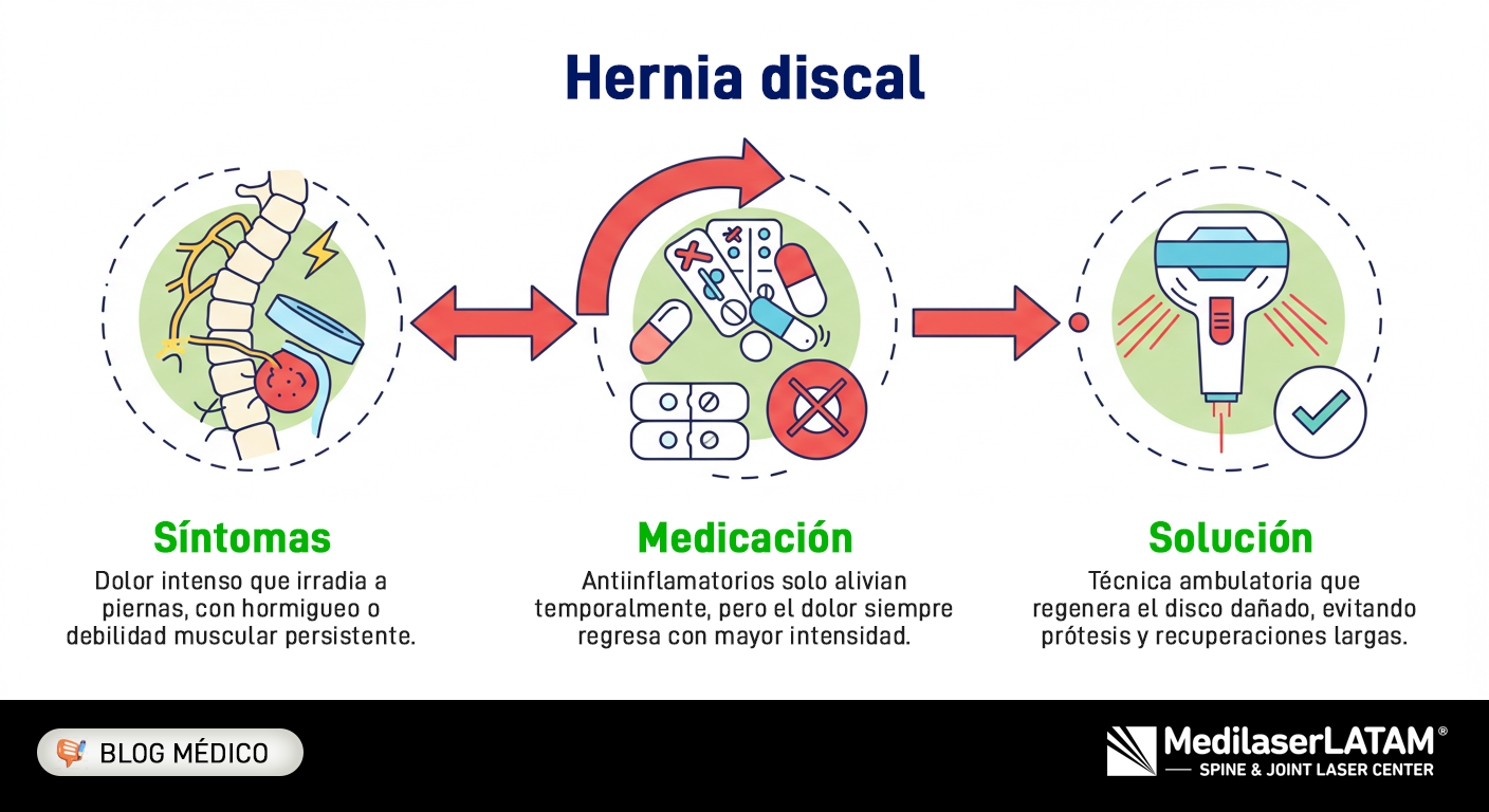 Hernia discal: síntomas, causas y tratamientos no quirúrgicos. El láser médico alivia el dolor sin cirugía. ¡Descubre más!